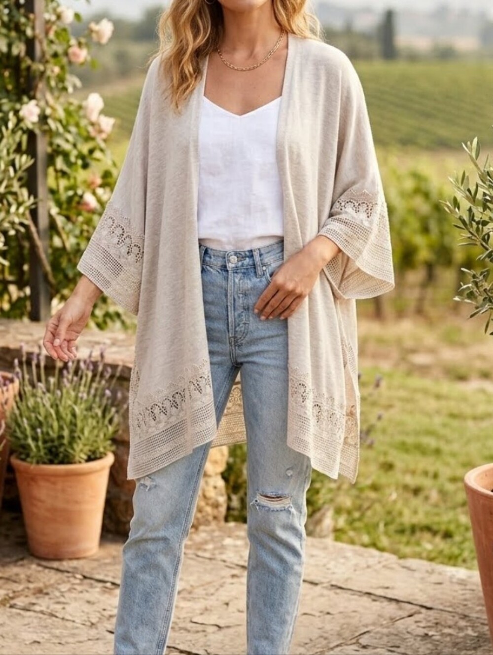 Lane Bryant Light Crochet Lace Trim Open Front Kimono Cardigan